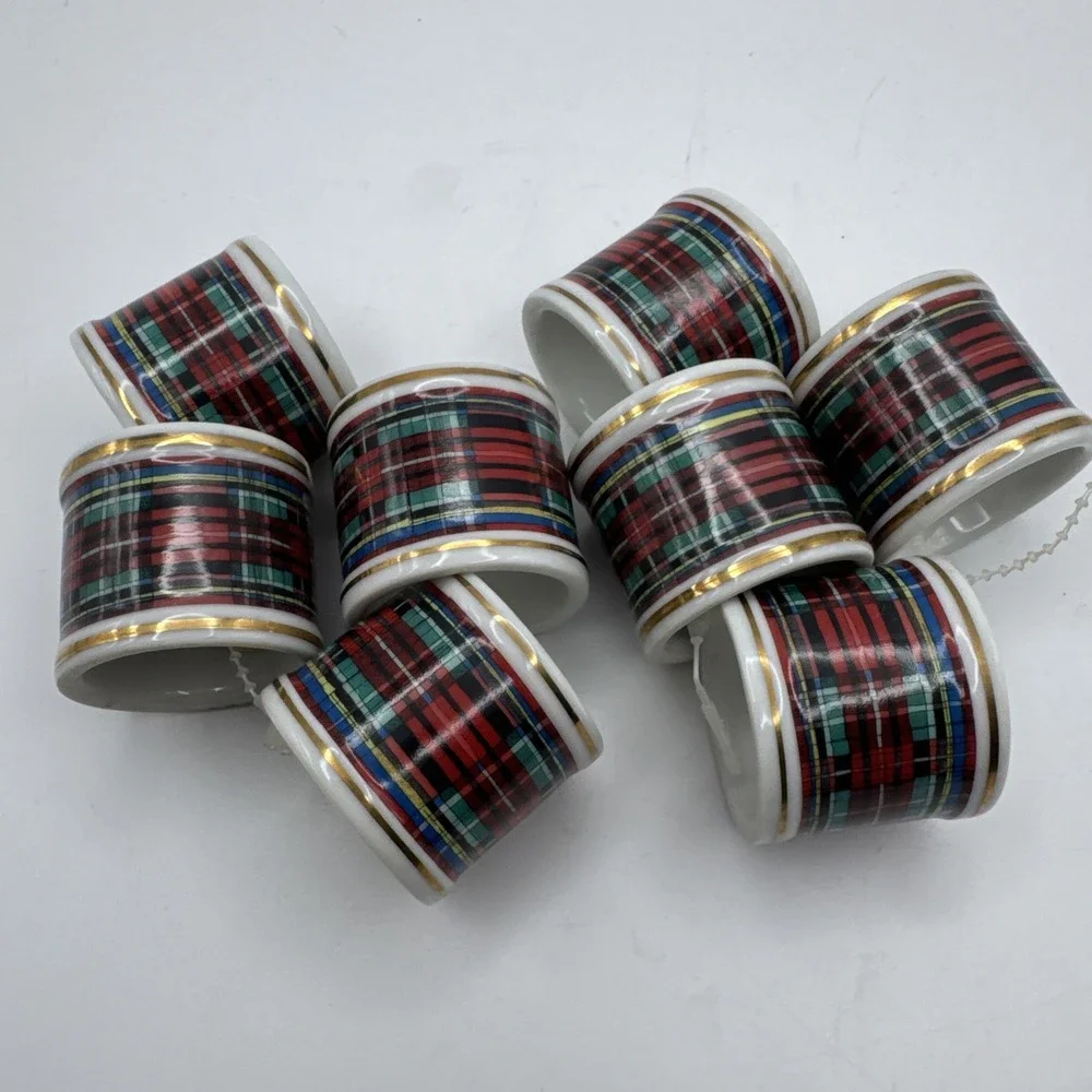 Williams Sonoma Christmas Napkin Rings Plaid‎ Set of 8 Vtg 90s